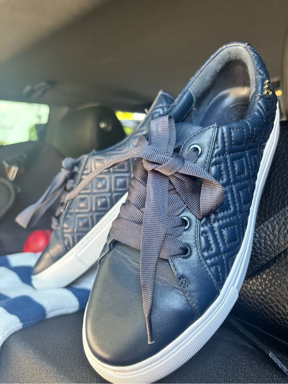 Tory Burch Navy Quilted Leather Low-Top Sneakers with White Sole